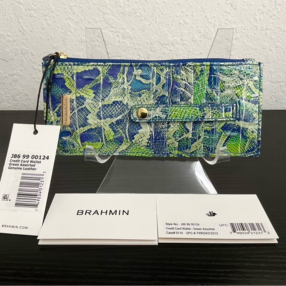 Brahmin Credit Card Wallet GREEN VIPER Snake Print on Melbourne Leather